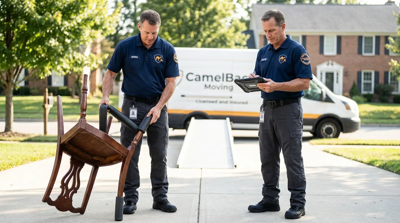 Movers inspecting furniture for damage prevention before loading in Middletown, NY