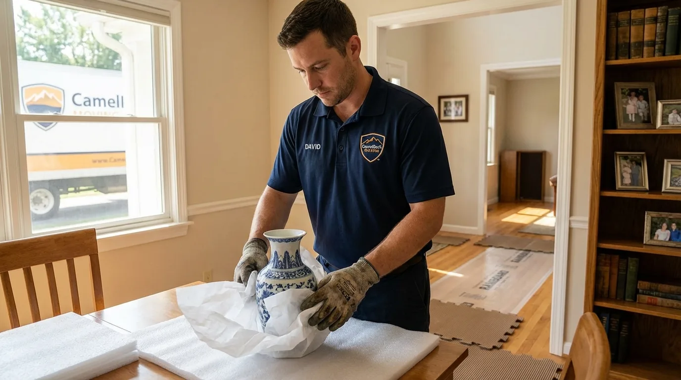 Professional crew carefully wrapping antique vase for senior downsizing move in Middletown, NY